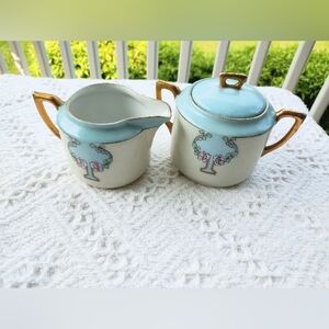 Vintage Altwasser Blue and Gold Creamer and Sugar Set